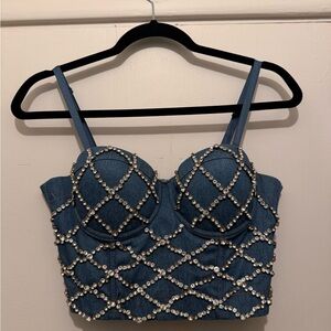 Denim Bejeweled Crop Top